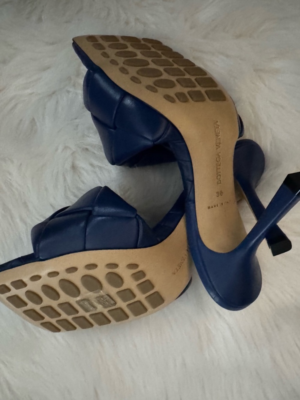 🆕 Bottega Veneta Navy Blue Woven Intrecciato Lido Slide Heeled Sandals - 38C - Picture 13 of 14
